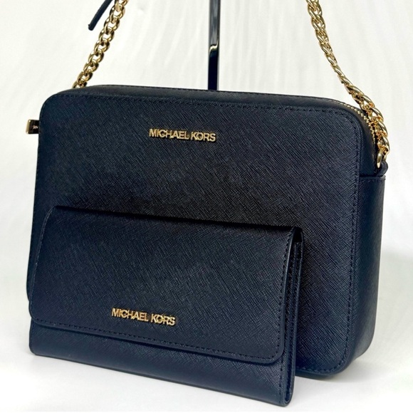 Michael Kors Handbags - Michael Kors Jet Set Large Logo Crossbody Bag & Matching Trifold Wallet Black